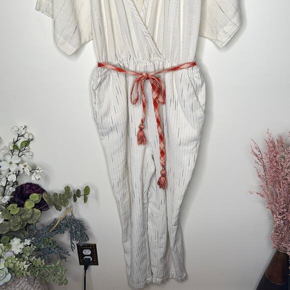 ANTHROPOLOGIE Feather Bone Soleil Belted Wrap Front Stripe Jumpsuit Ivory {LL35} - Picture 3 of 7